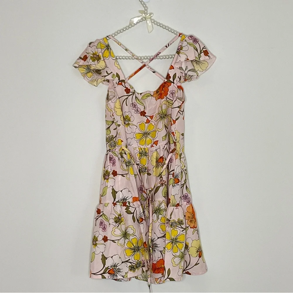 Pink and Orange Ruffled A-line Sundress with Puff Cap Sleeves - Picture 2 of 5